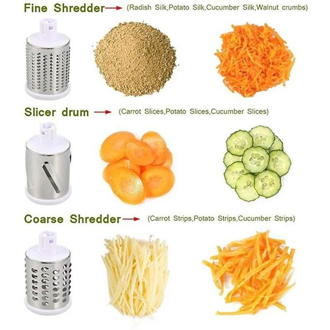 Râpe Rotative Multi-Usages 3-en-1 – Découpe Rapide, Éminceur & Éplucheur Légumes/Fromage