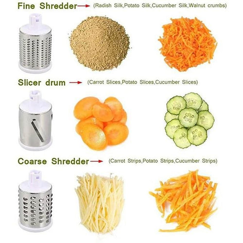 Râpe Rotative Multi-Usages 3-en-1 – Découpe Rapide, Éminceur & Éplucheur Légumes/Fromage